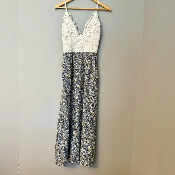 Rebellion Again Crochet Bodice Blue Floral Maxi Dress Festival Boho Country - Picture 1 of 8